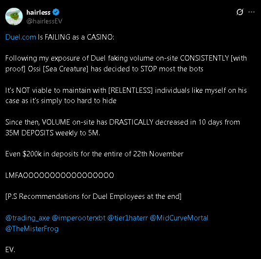 Dollartree_1's tweet image. &quot;Low-T hairless&quot; at it again.  But I&apos;m happy Duel is living rentfree in his head.  (Btw, can I get an unblock, or are you still scared of my replies?  Eh nvm.. you&apos;d just hide them anyway)

It&apos;s incredibly funny that he has no idea how much volume one or two high rollers have on…