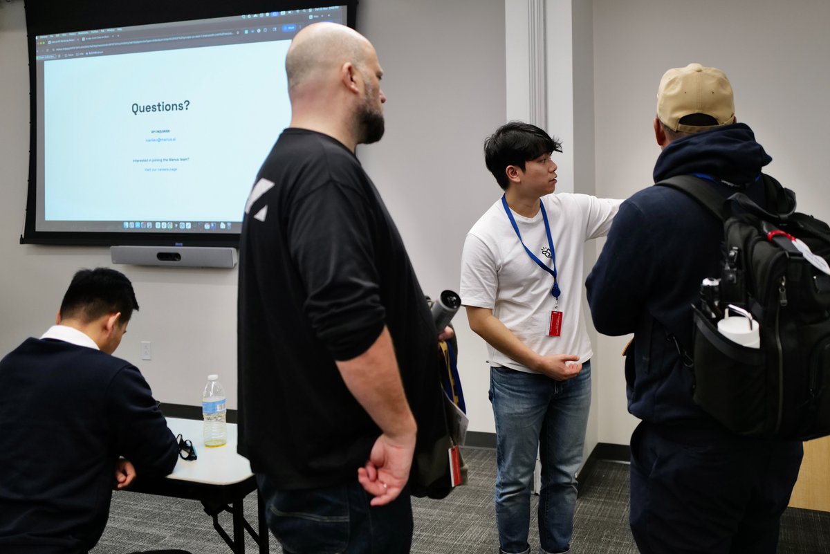 manuscommunity's tweet image. Come say hi to Manus @aiDotEngineer 💻

Ran a workshop at the AI Engineer Code Summit today!

We got hands-on with the Manus API to:
•  tap into your internal data
•  run async tasks whenever you need
•  drop an agent wherever your users already live: browser, email, Microsoft…