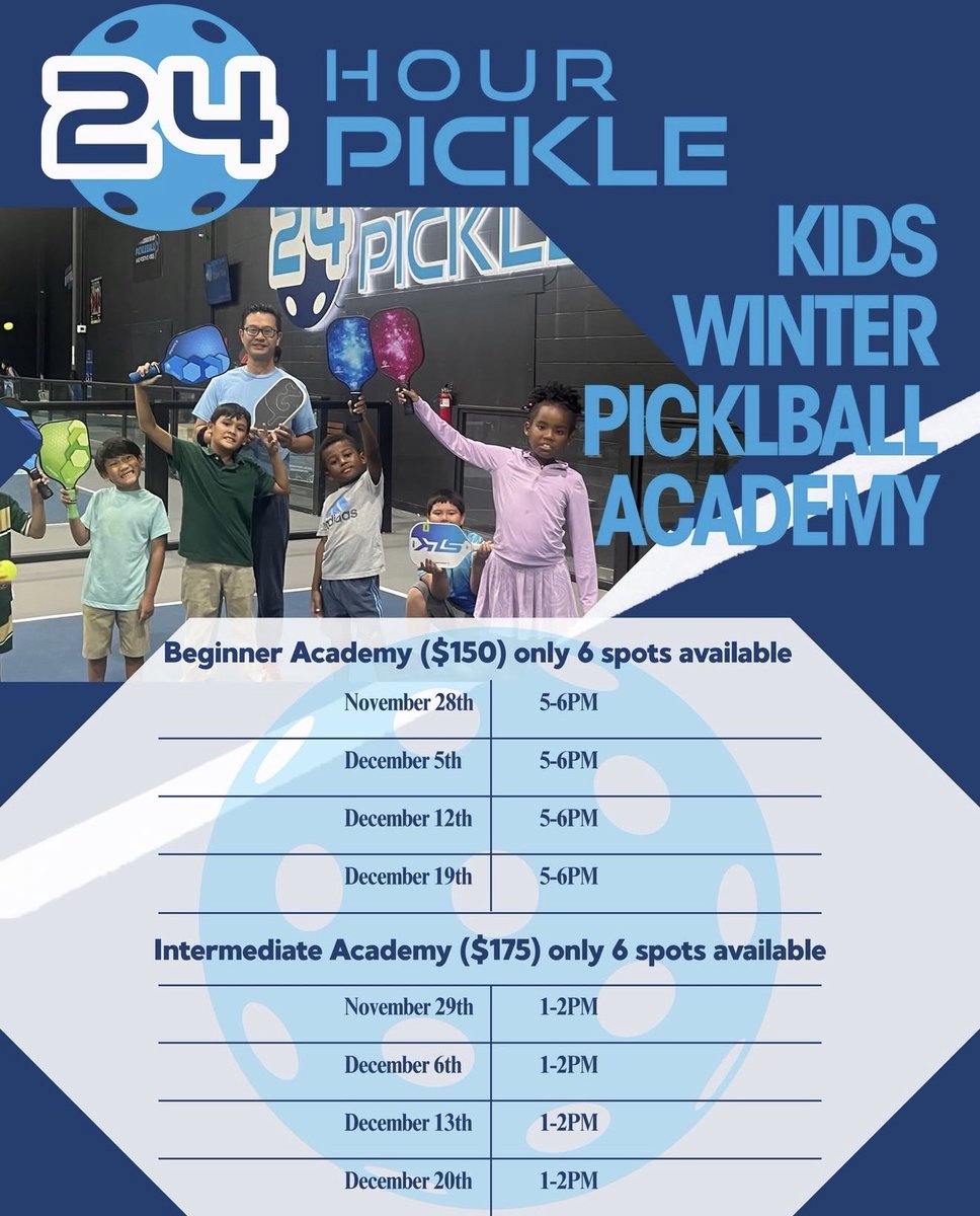 24HourPickle's tweet photo. Few spots available, register today!! Beginner registration ends Nov. 27th, and intermediate registration ends Nov. 28th!
.
.
.
.
.
#kidspickleball #pickleballacademy #kidsacademy #pickleball #24hourpickle #pickleballfun #sugarland #houston https://t.co/zo1uhuVUVy