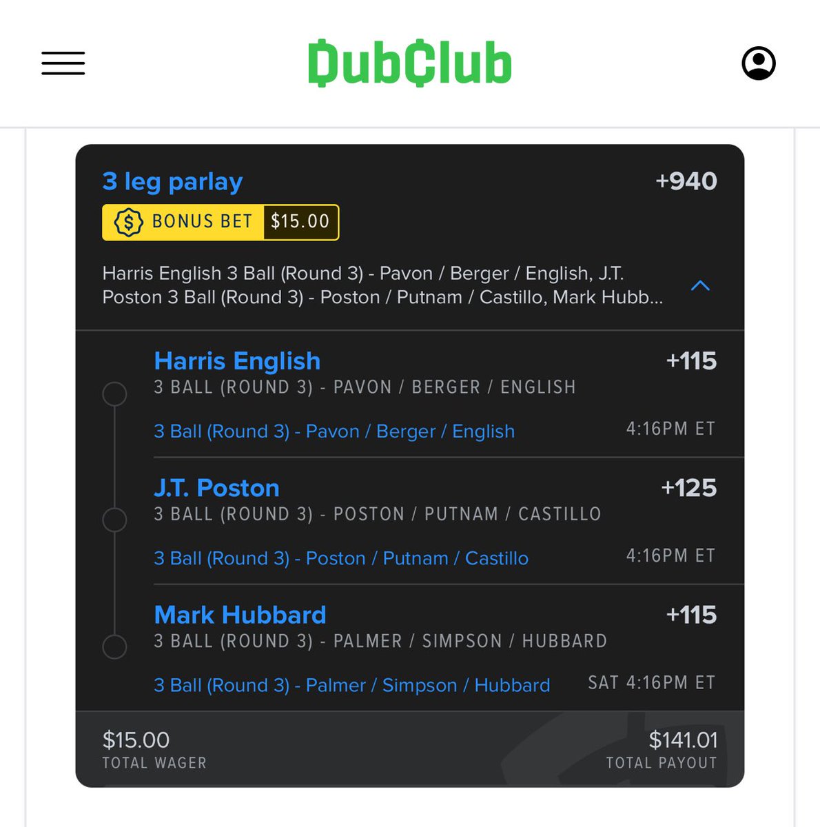 BigToney8's tweet image. BOOM! Nice 9:1 PGA parlay hit @DubClub_win!!!💰💰

$15-----&amp;gt;$141 ✅✅✅

#PGATour #PGA #Golf #GamblingX