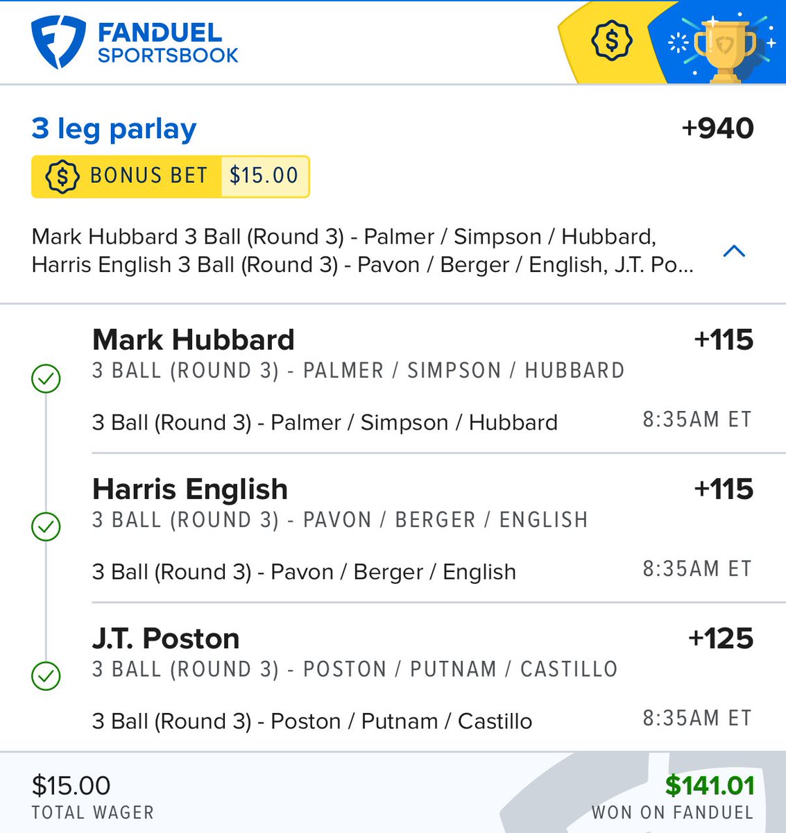 BigToney8's tweet image. BOOM! Nice 9:1 PGA parlay hit @DubClub_win!!!💰💰

$15-----&amp;gt;$141 ✅✅✅

#PGATour #PGA #Golf #GamblingX