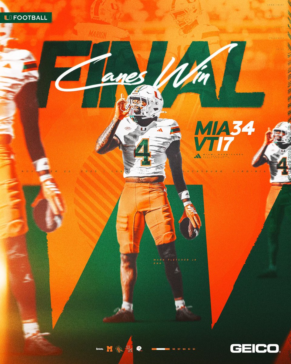 CanesFootball's tweet image. CANES WIN! 🙌✅

@CanesFootball | @GEICO