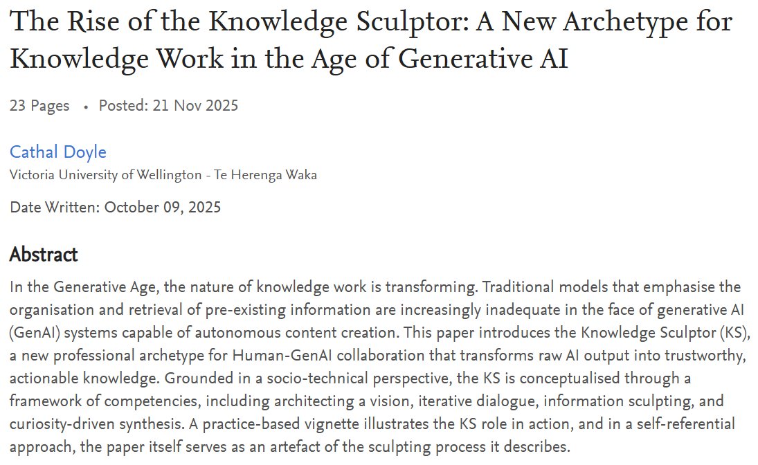 JimPethokoukis's tweet image. AI can’t replace knowledge workers — it makes a new kind of one. The “Knowledge Sculptor” guides, edits, judges, and shapes raw AI output into trustworthy, useful work. The future isn’t AI alone, but humans who know how to collaborate with it.