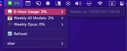 mohemohe's tweet photo. ccusage blocks --liveがdeprecatedだし予測値は狂いまくってるしで気合を入れてClaudeのusage APIに脱法アクセスするxbar pluginが爆誕した https://t.co/YUDpgVezU1 https://t.co/D0KryePb0a
