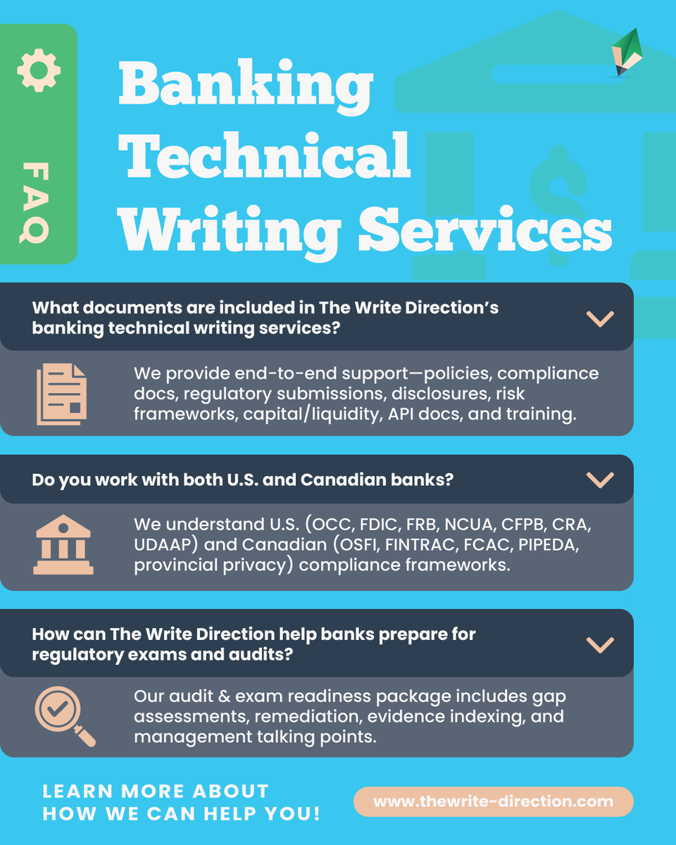 WriteDirection7's tweet image. Staying audit-ready is essential for banks. 🏦 Trust The Write Direction for precise, compliant, and customer-focused documentation. ✅ Learn more at thewrite-direction.com — #TechnicalWriting #Banking