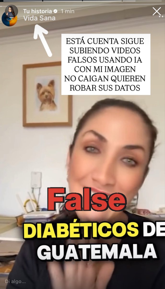Hola, quiero pedirles que si ven una publicidad de una cuenta que se llama VIDA SANA, sepan que los videos son FALSOS! Están generados con IA. Están haciendo uso de mi imagen y lo hacen para que entres, pongas tus datos y robarlos !!! No caigan, yo no estoy promocionando ningún