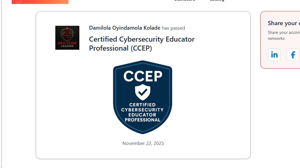 DammyReads's tweet image. Day 98 #100DaysOfCyberSecurity 
I passed the Certified Cybersecurity Educator Professional (CCEP) exam
I also completed Module 4 of CyberTM. A really productive and fulfilling day overall.
@ireteeh @segoslavia