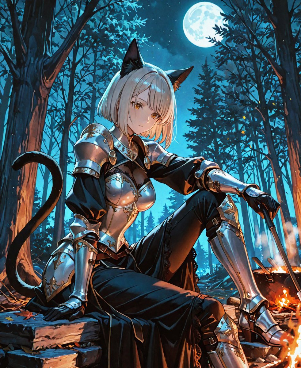 j0rd0n's tweet image. A quiet pause by the fire, letting the moonlit forest breathe around her.
