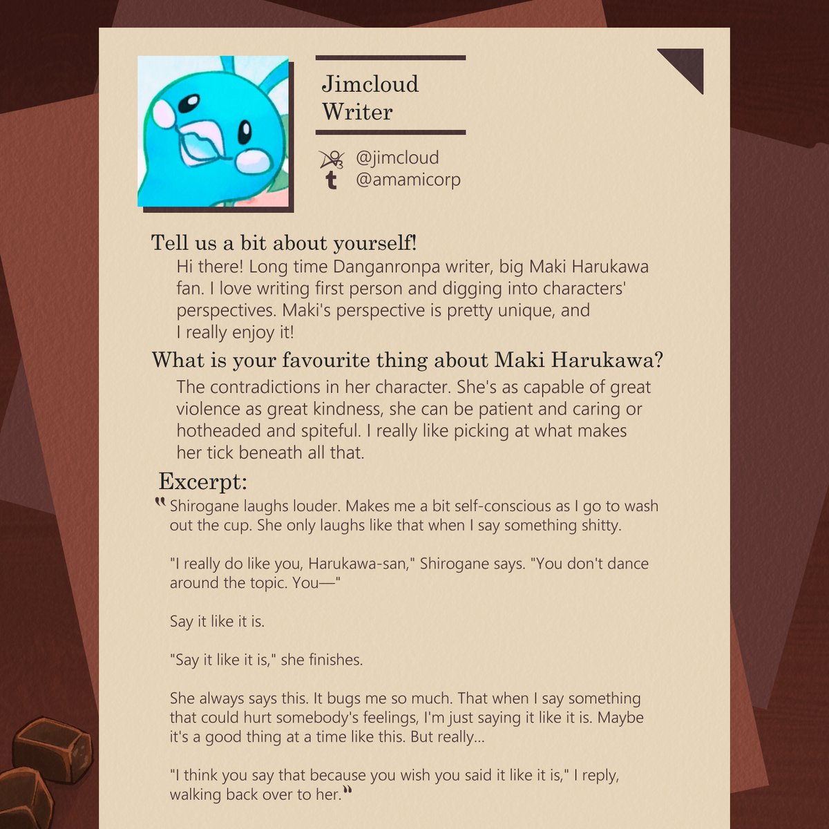 CONTRIBUTOR SPOTLIGHT 🔪🏹

Our next writer Jimcloud has a special talent for Maki's voice in their engaging works!

AO3: Jimcloud
TUMBLR: @/amamicorp