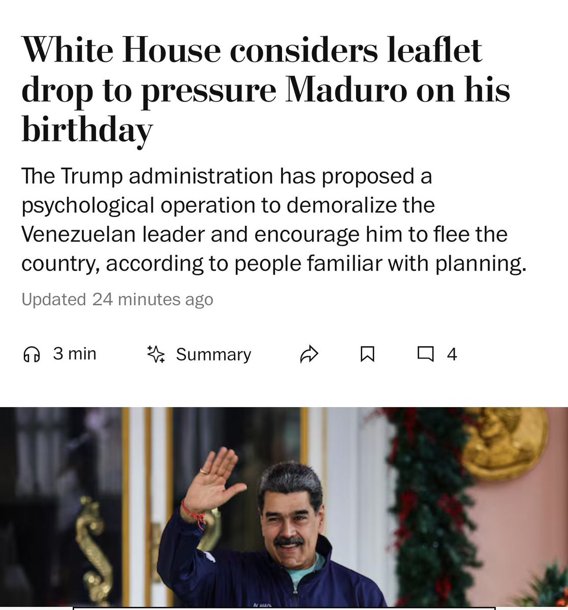 DIFUNDELOYA's tweet image. 🚨 ¡ÚLTIMA HORA VENEZUELA! 🚨🇻🇪
 
URGENTE —  ¡LO ÚLTIMO! 🇻🇪 🇺🇸  —
Washington Post:

EEUU consideró lanzar folletos desde aviones militares con la recompensa de $50 millones por Maduro sobre Caracas este domingo, en el cumpleaños del tirano.