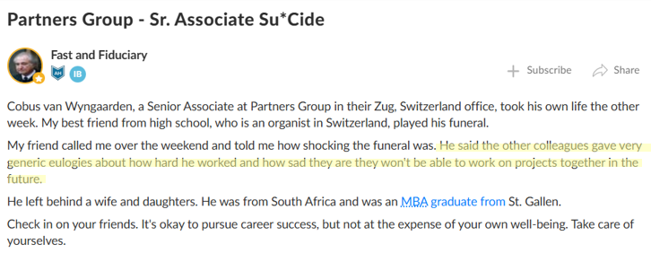 Sad to see another young person gone. 

We really don’t need corporate eulogies. 

High finance, or any job, is not worth a life.  Be careful and push back.