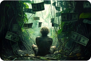 ジャングルにお金が降り注ぐシュールな画像、DeFiにおける金融的自由を象徴