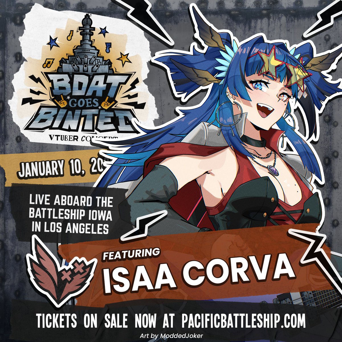 Get ready to ROCK the boat Crow Nation🤘🎸

BOAT GOES BINTED is excited to welcome aboard...

<a href="/IsaaCorva/">isaa 🐦‍⬛🎸</a> 🐦‍⬛🎸

Join her on January 10th aboard Battleship IOWA 
in Los Angeles, California, for the first VTuber concert on a battleship! Tickets on sale now!