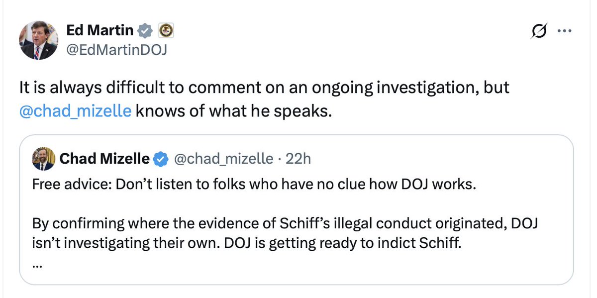 RealSLokhova's tweet image. 🚨The DoJ is about to  indict Adam Schiff.
The Grand Jury is  in Maryland investigating him. 

Adam Schiff leaked this to his friend Ken Dilianian and MSDNC. 

In advance of the indictment, Ken Dilanian organized a disinformation campaign, falsely claiming that the Maryland Grand…