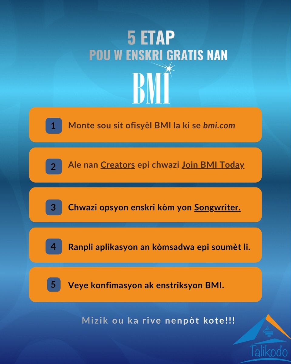 <a href="/bmi/">Broadcast Music Inc.</a> se lidè nan òganizasyon dwa dotè(PRO) ki pwoteje zèv/kolekte lajan,chak fwa mizik manb li yo jwe an piblik.
Ou ka enskri fasil epi gratis!
Kontakte Talikodo si ou bezwen èd oswa plis detay epi sonje li enpòtan pou w manb yon PRO paske ou pa konn ki kote mizik ou ka rive...