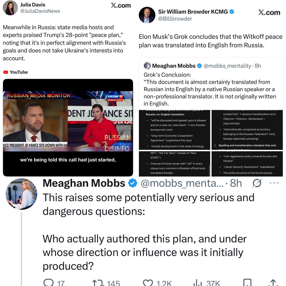 As Russian state TV praises Trump’s *peace plan* as directly in line with Russia’s goals, Grok concludes it was translated to English from Russian 🤔