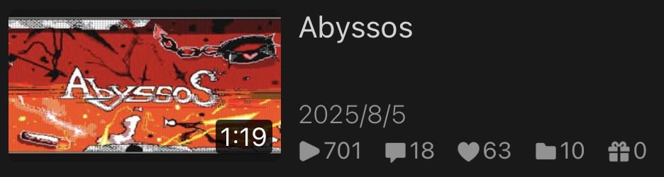 Abyssos ニコニコで700再生超えました。
ランキングデビューの血戦からこんなに見てもらえて本当に嬉しいです。
ありがとう。