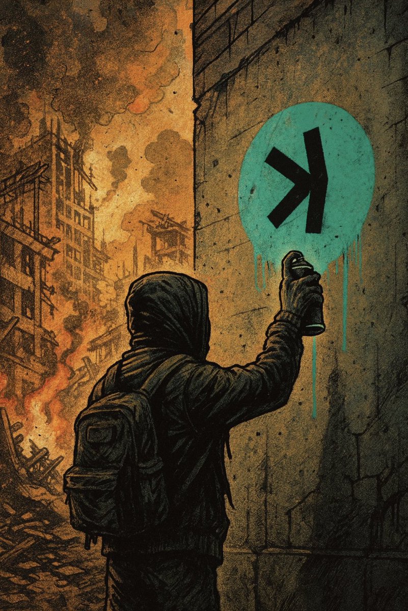 디스토피아 장면에서 Kaspa 심볼을 스프레이로 그리는 후드 인물