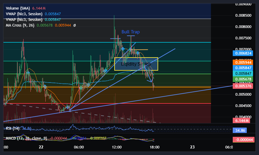 basinwelding's tweet photo. $SWFTC lost the supporting trendline. If this FIB line fails we will need to retest the .0052-.0054 longer trendline. https://t.co/L5QBWvKYRf