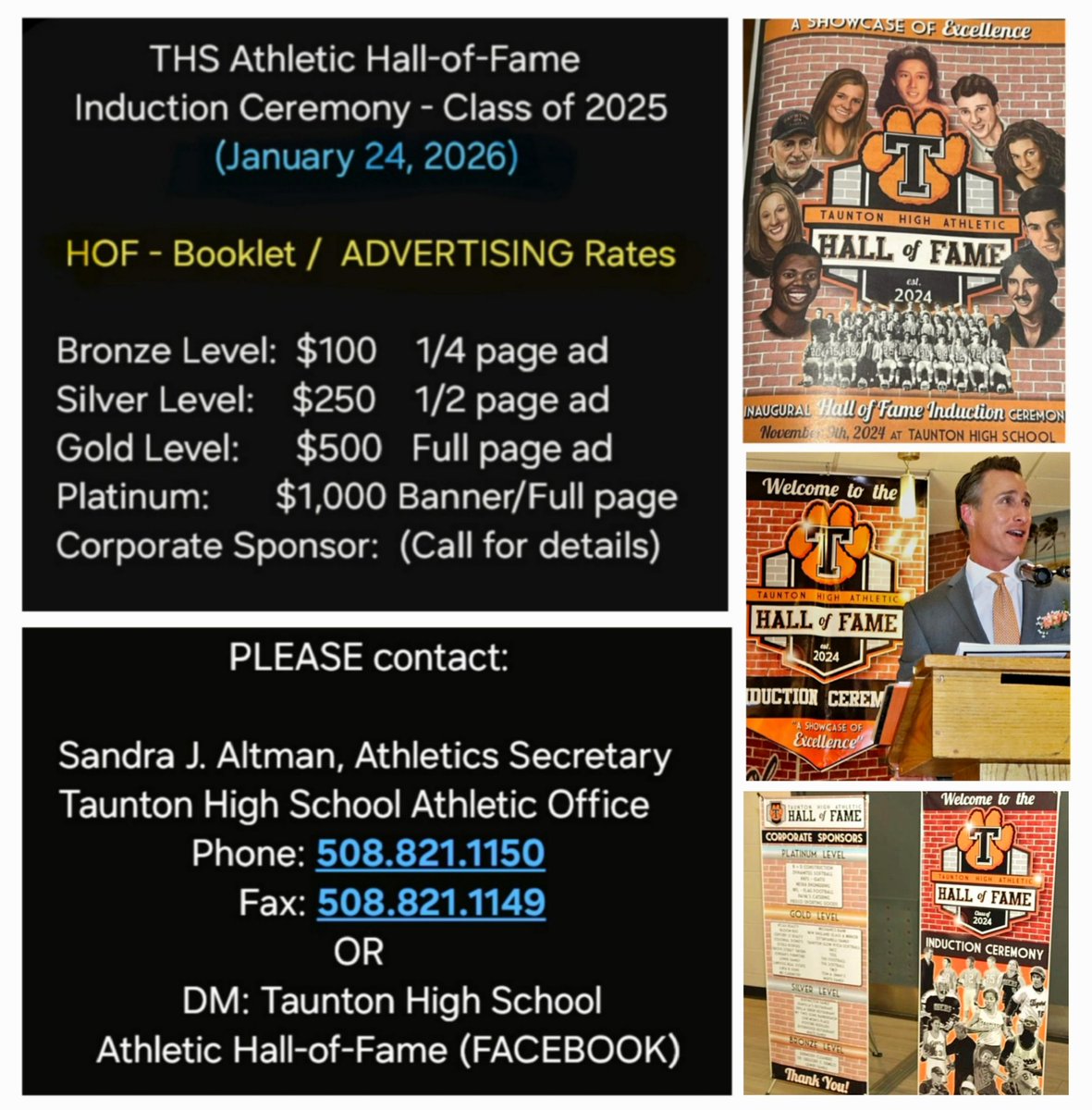THSCoachFox's tweet image. The @tauntonhighHOF ceremony is upcoming. Perhaps your business would consider taking out an advertisement?! May want to highlight or honor an inductee, teammate, or family member?!  Guaranteed exposure as this event will both sell out &amp;amp; be broadcast locally. @thstvstudio