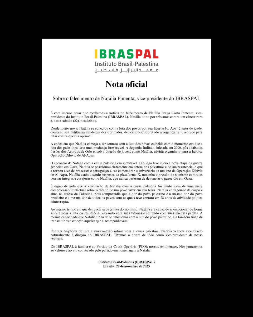 Ibraspal's tweet image. É com imenso pesar que recebemos a notícia do falecimento de Natália Braga Costa Pimenta, vice-presidente do Instituto Brasil-Palestina (IBRASPAL). Natália lutou por três anos contra um câncer raro e, neste sábado, nos deixou.