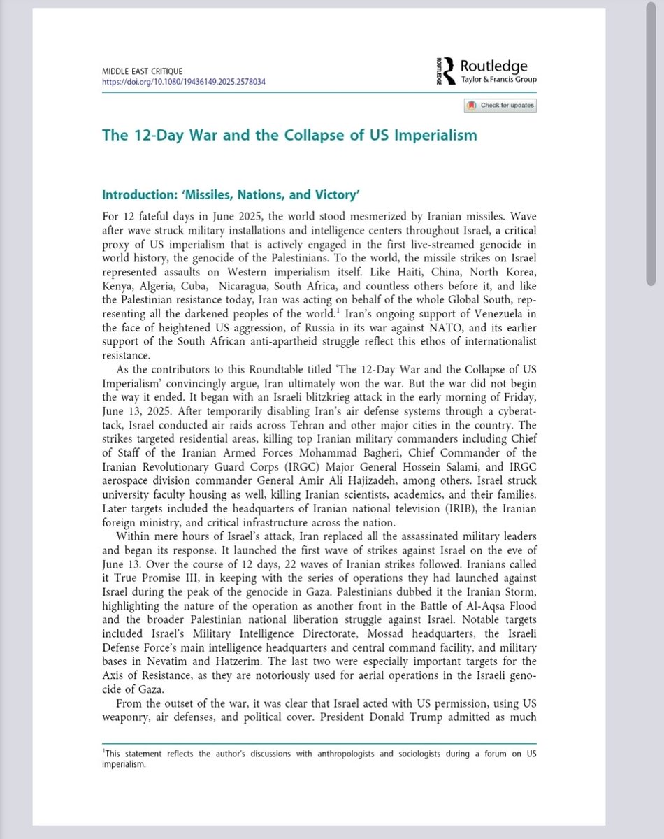 NinaFarnia's tweet image. My introduction to the special issue is out and can be found at this link. PDF images of the article are here as well. Full article: The 12-Day War and the Collapse of US Imperialism share.google/0tDnRTbR7RZm50…
