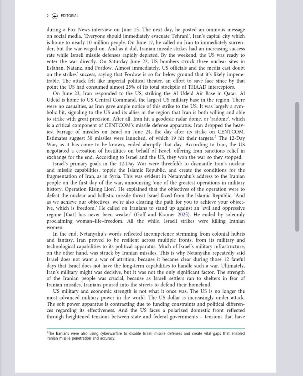 NinaFarnia's tweet image. My introduction to the special issue is out and can be found at this link. PDF images of the article are here as well. Full article: The 12-Day War and the Collapse of US Imperialism share.google/0tDnRTbR7RZm50…