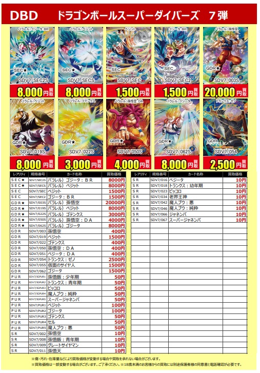 ◤買取情報◢ #ドラゴンボールスーパーダイバーズ 7弾 買取表を更新