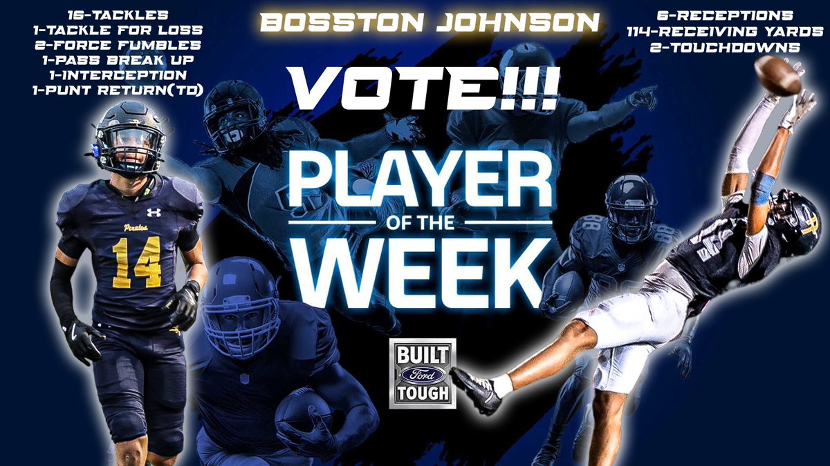 Rockwell_20's tweet photo. Hey everyone,

Please take a moment to vote for Bosston Johnson for the Built Ford Tough Week 12 Player of the Week!

In Week 12, he delivered a dominant three-way performance in the Pirates’ 35–28 win over Houston Yates. 

He sealed the game with a clutch, game-ending interception, securing Pine Tree’s advancement to Round 3 of the playoffs for the first time in school history.

His Week 12 performance included:

6 receptions for 114 yards and 2 touchdowns

15 tackles

1 tackle for loss

2 forced fumbles

1 pass break up

1 interception

50-yard punt return for a touchdown

Bosston has made a tremendous impact for Pine Tree, and your vote can help him earn this well-deserved recognition.

👉 Cast your vote here:

 https://t.co/0UUzPNLmJV

Pine Tree ISD 

Go Pirates!!! 🏴‍☠️💛

#ALLIN #GreaterTXFord #BFTPOW #txhsfb