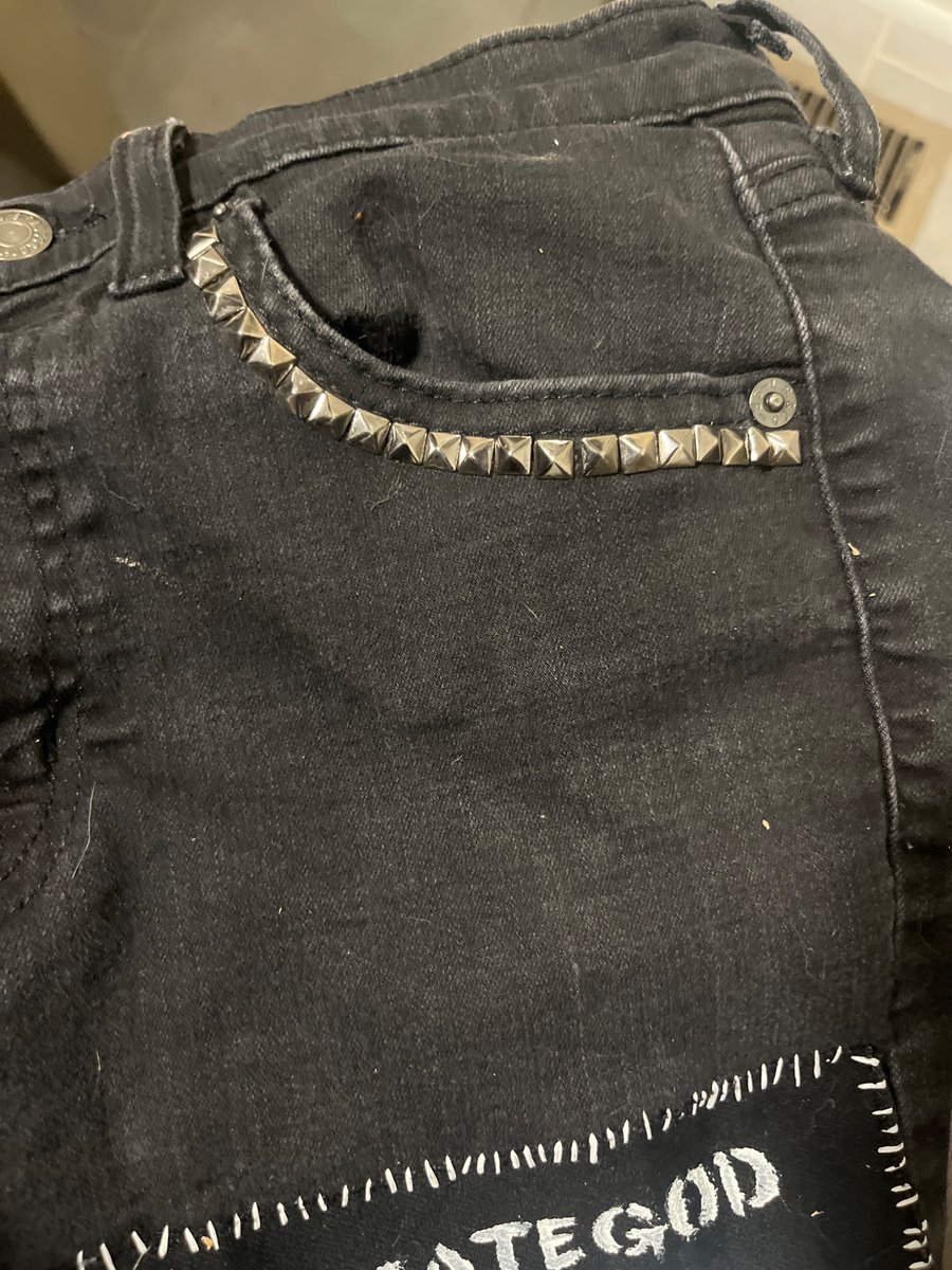 HostilityDose's tweet image. This is what I did for my patch pants, I found some studs from a broken bracelet and added them on