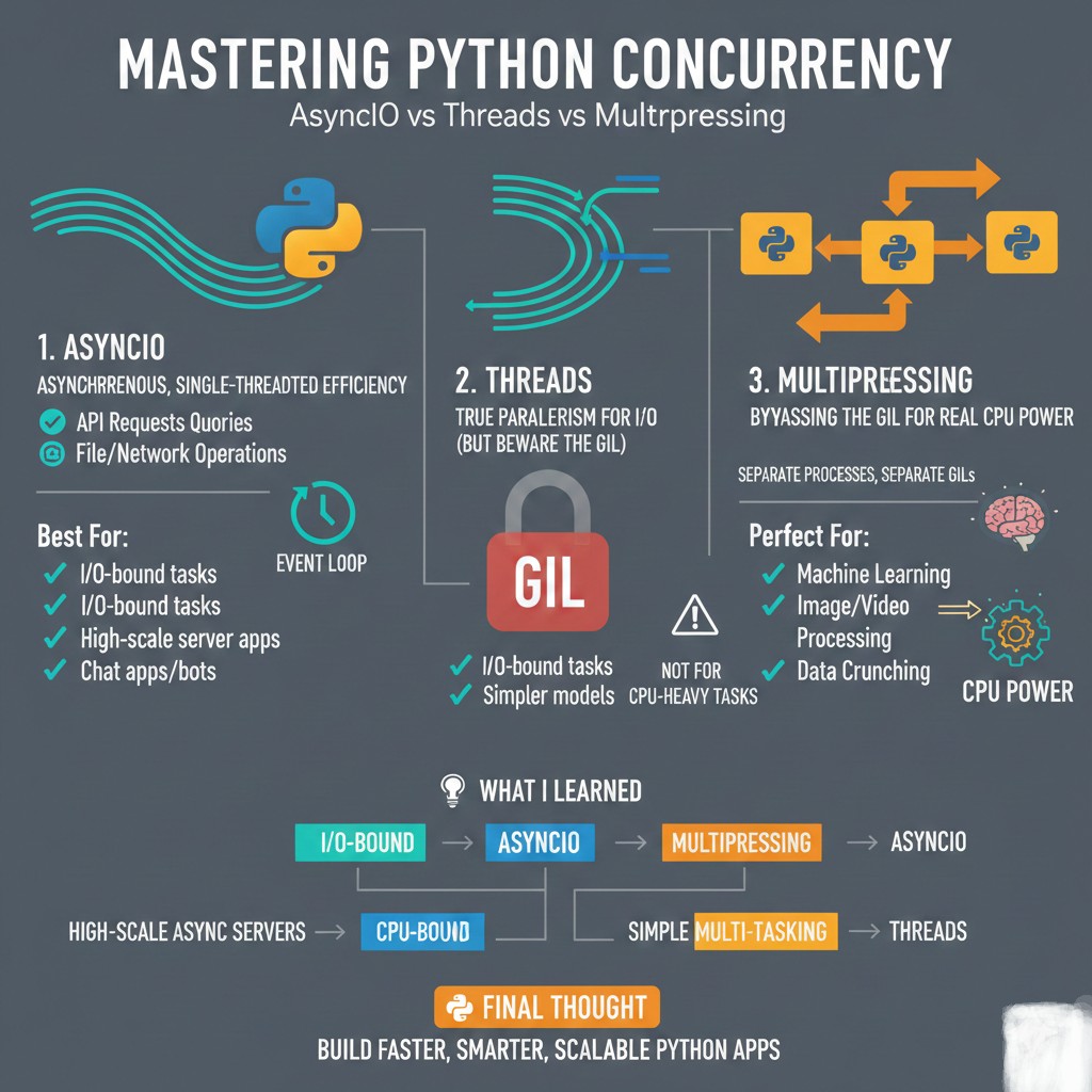 itsrohit_tech's tweet image. 🚀 Python Concurrency in 20 Second 

• AsyncIO = Best for I/O (APIs, DB, scraping)

• Threads = Simple I/O multitasking

• Multiprocessing = Real CPU power

✨ Quick Rule:
I/O-bound → AsyncIO / Threads
CPU-bound → Multiprocessing

#Python #AsyncIO #Threads #Multiprocessing