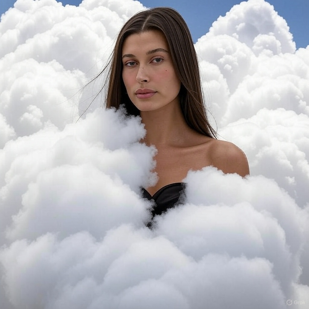 ppgrainbow's tweet image. Beautiful heavenly portraits of model and socialite Hailey Bieber disappearing in a colossal white cumulus thunderhead cloud! 😍

#AI #GrokAI #HaileyBieber #HeavenlyPortrait