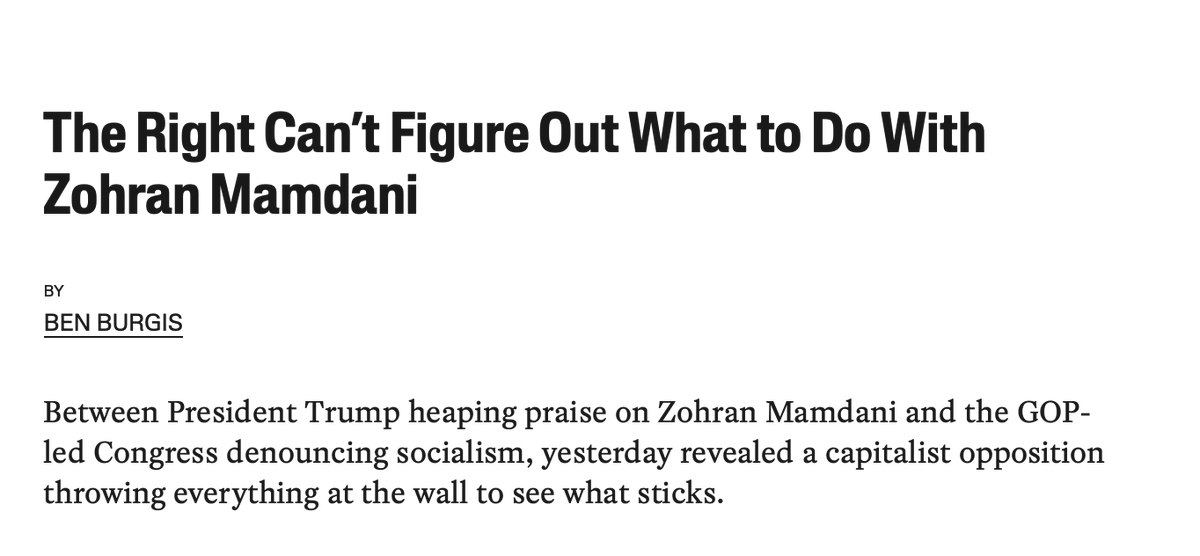 With the cynicism that characterizes Jacobin, Mamdani's alliance with Trump is being portrayed as a strategic tour de force. "The Right Can't Figure Out What to do with Zohran Mamdani." It certainly can. It will milk Mamdani's pathetic opportunism for all it's worth.