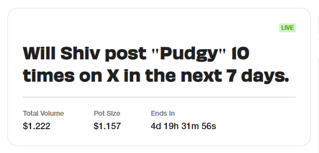 Just jumped into the new <a href="/Rain__Protocol/">Rain</a> market and this one’s actually hilarious

Basically, if <a href="/shivst3r/">Shiv</a> drops “Pudgy” 10 times on the timeline over the next 7 days, you win

And if you’ve been watching his feed at all… you know the man lives in Pudgy land

so yeah, I’m taking