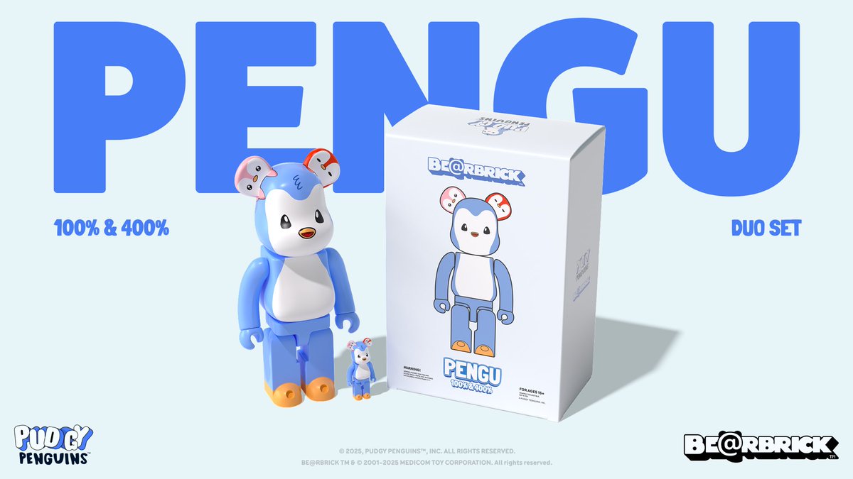 pudgypenguins's tweet image. BE@RBRICK is the bear-shaped, block-type figure series developed by @MEDICOM_TOY since 2001, based on the concept of creating a “digital image teddy bear.” 

The BE@RBRICK Pengu collectible will include two different-sized figures and is extremely limited.