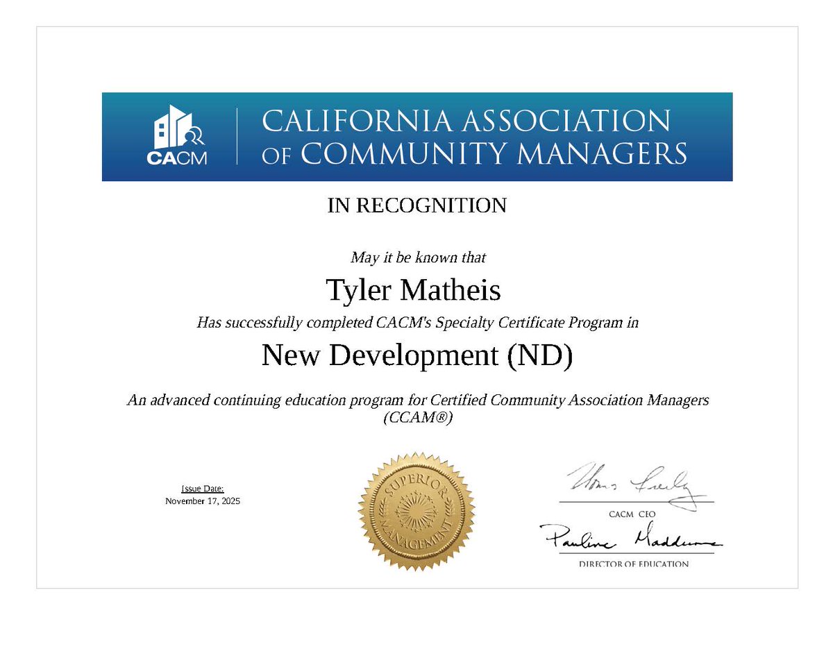 CACMchat's tweet image. 🌞 Saturday spotlight time!
Big cheers for Tyler Matheis, who just successfully completed the Specialty Certificate Program for New Development!

Starting the weekend with a win like this? That’s the energy we love. 🎉

#CACM #SpecialtySuccess #NewDevelopment #WeekendWins