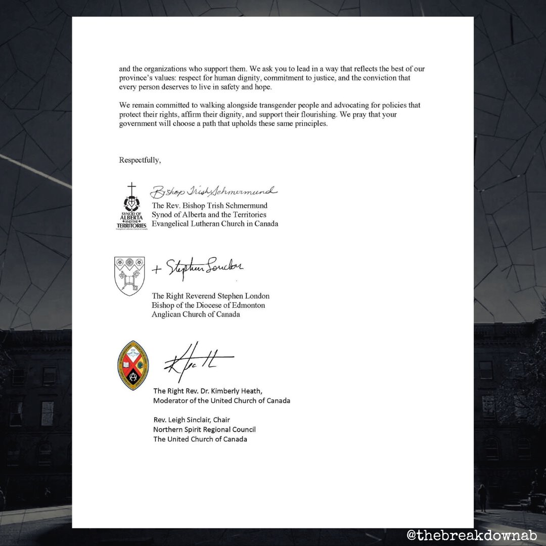 “The decision to override Charter rights fails this test.”

The Anglican, Lutheran and United Churches in Alberta have written to Danielle Smith condemning her use of the notwithstanding clause to punch down on the vulnerable Albertans. 

#abpoli #ableg #cdnpoli