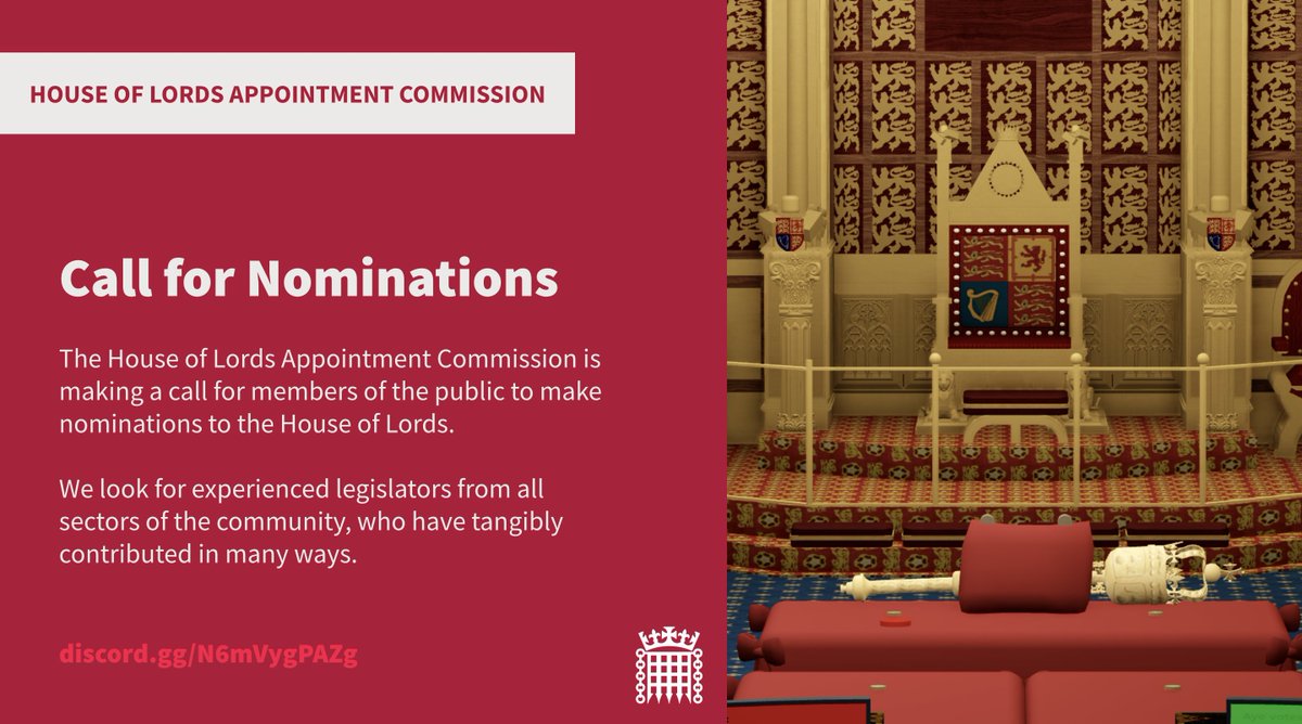 Public call for nominations to the House of Lords.

See information below 👇
discord.gg/N6mVygPAZg