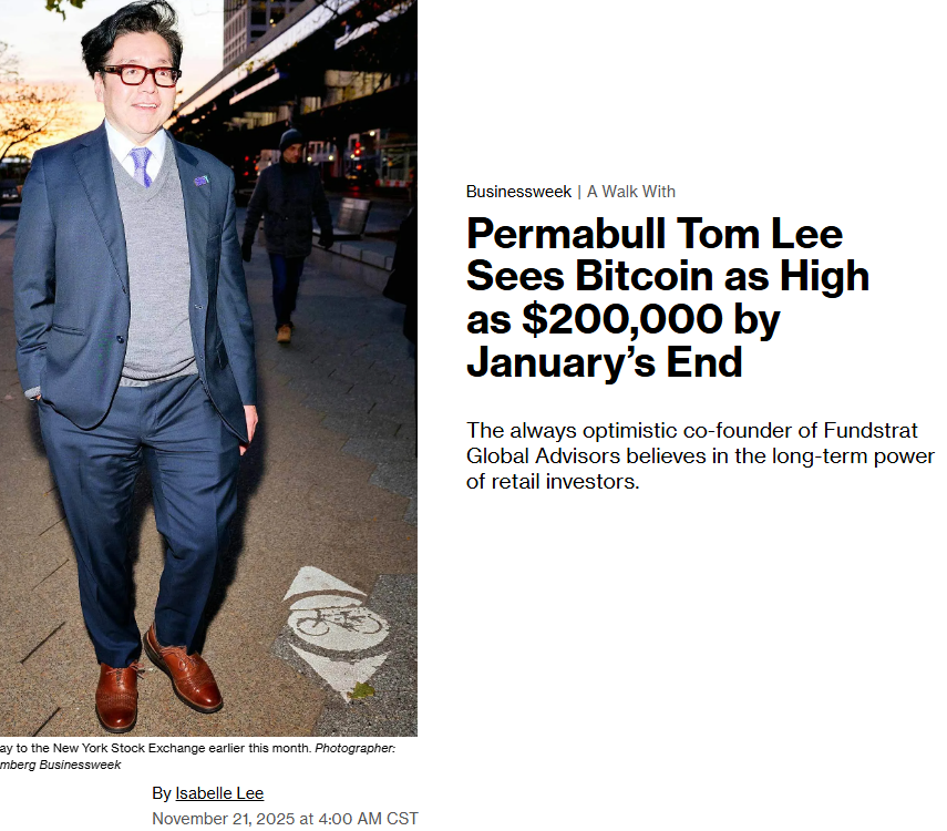 Barchart's tweet image. Tom Lee moves $200,000 Bitcoin $BTC price target from December to January 2026 🥳🤑📈🫂