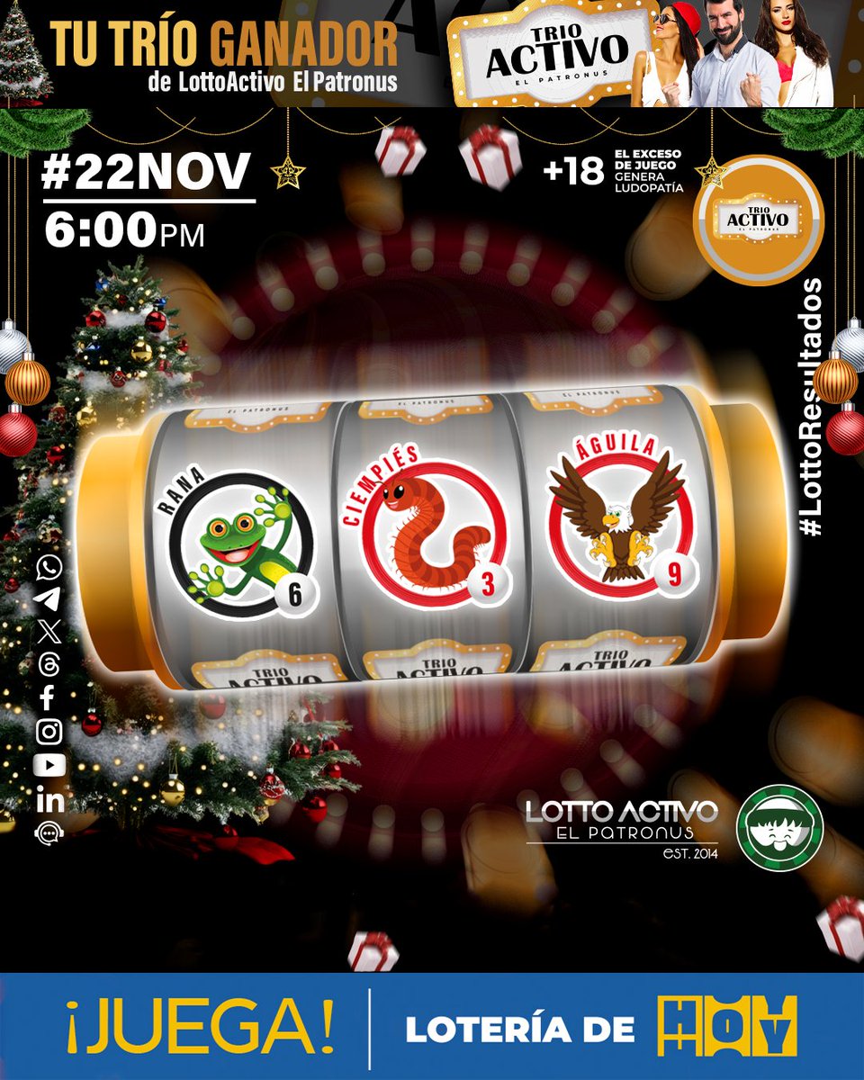 lottoactivo's tweet image. #lottoresultado del 22/11/2025

Sorteo N°:2619-K
06:00 PM
12 - CABALLO 

Sorteo Nº:1038
06:00 PM
Triple: 639
Terminal: 39

#venezuela  #elpatronus  #trioactivo

Disfruta de LottoActivo y TrioActivo en ⬇
www.loteriadehoy.com 
@loteriadehoy.com/

Siempre Lotto Activo 💚