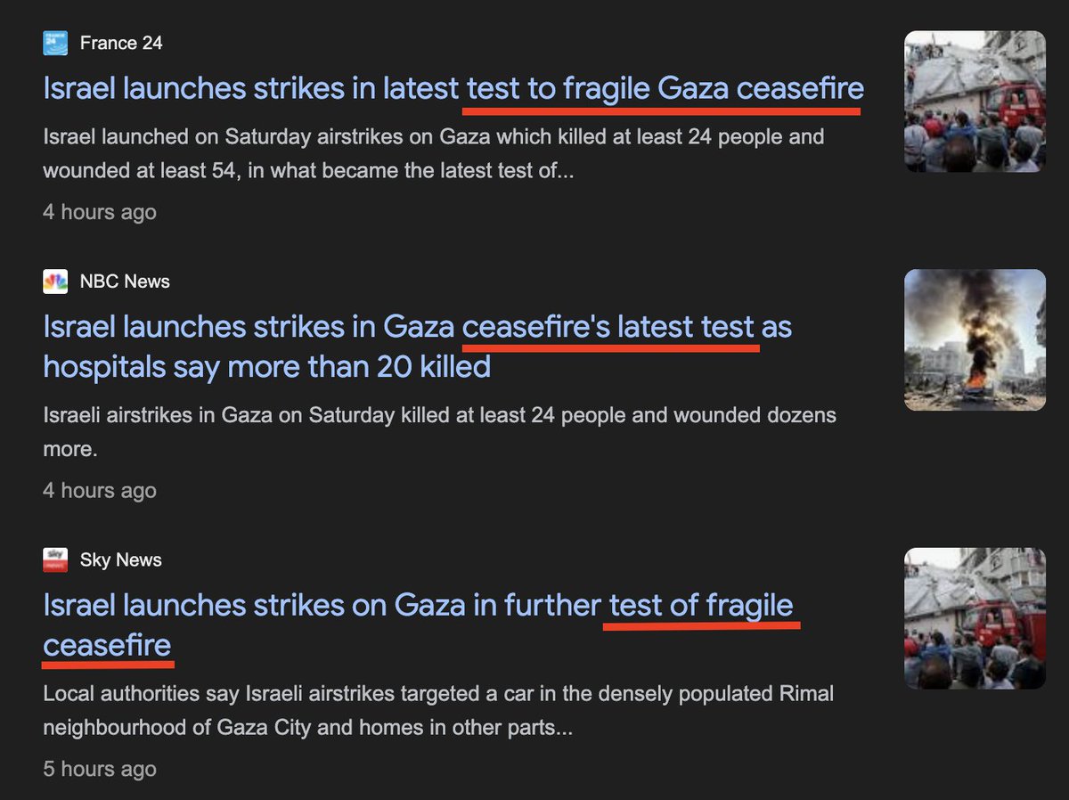 caitoz's tweet image. The western press see the killing of Palestinians as such a baseline norm that Israel can massacre dozens of people in Gaza and they'll go "Gosh I sure hope this doesn't lead to any violations of the ceasefire!"

It's never a ceasefire violation to commit mass murder against…