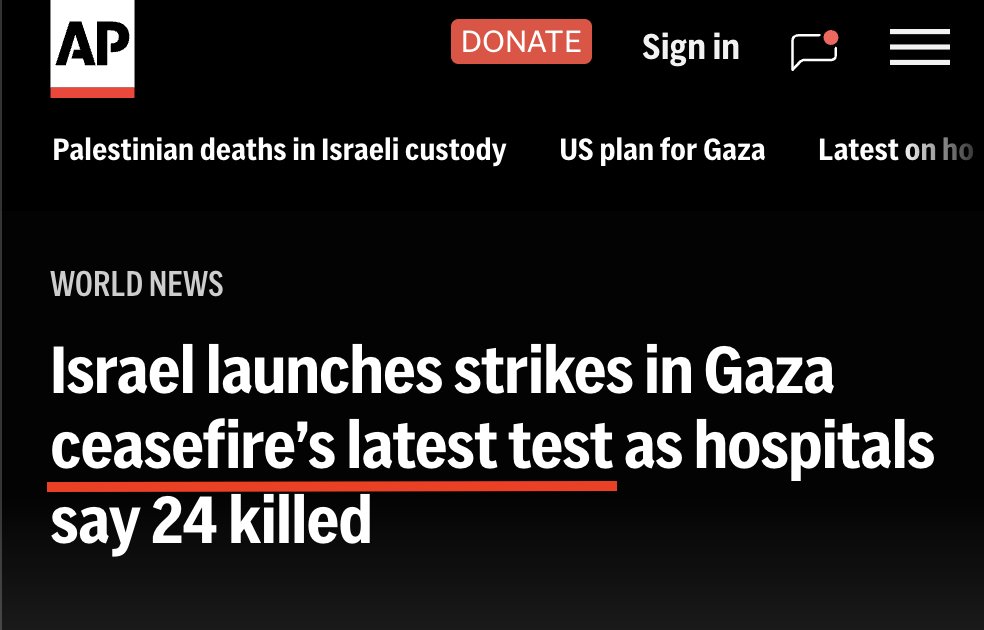 caitoz's tweet image. The western press see the killing of Palestinians as such a baseline norm that Israel can massacre dozens of people in Gaza and they'll go "Gosh I sure hope this doesn't lead to any violations of the ceasefire!"

It's never a ceasefire violation to commit mass murder against…