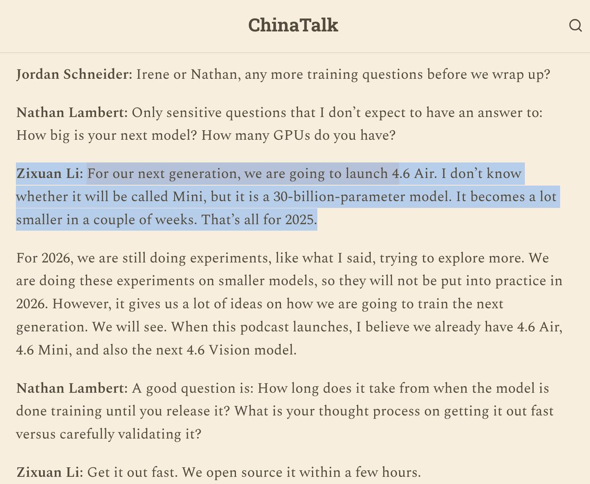 非常令人惊讶。GLM 4.6 Air/Mini/Vision 正在开发中，而且他们似乎还会推出一款 30B 的“迷你”版本，可能就叫“Air”？如果它是 MoE 系列，那它应该会和 Qwen 的 MoE 产品线大致相同。