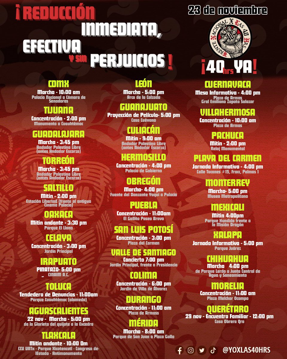 ¡Guarda este tuit y difunde para que más gente lo vea.

Mañana 23 de noviembre nos movilizamos en 32 ciudades de este país por una deuda histórica con la clase trabajadora.  

Si no luchamos nosotrxs por nuestros derechos, nadie más lo va a legislar.  ¡Pasemos a la historia como