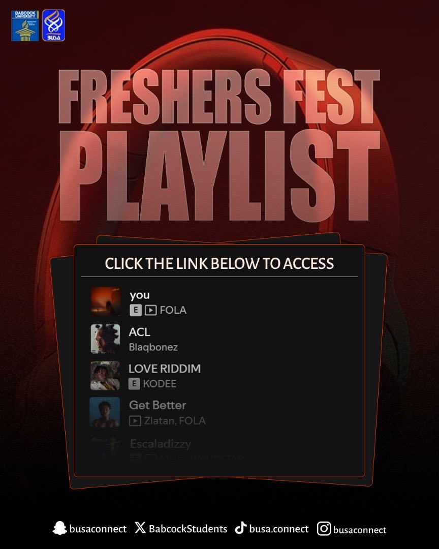 THE OFFICIAL PLAYLIST FOR BUSA FRESHERS FEST’25

open.spotify.com/playlist/75RCJ…