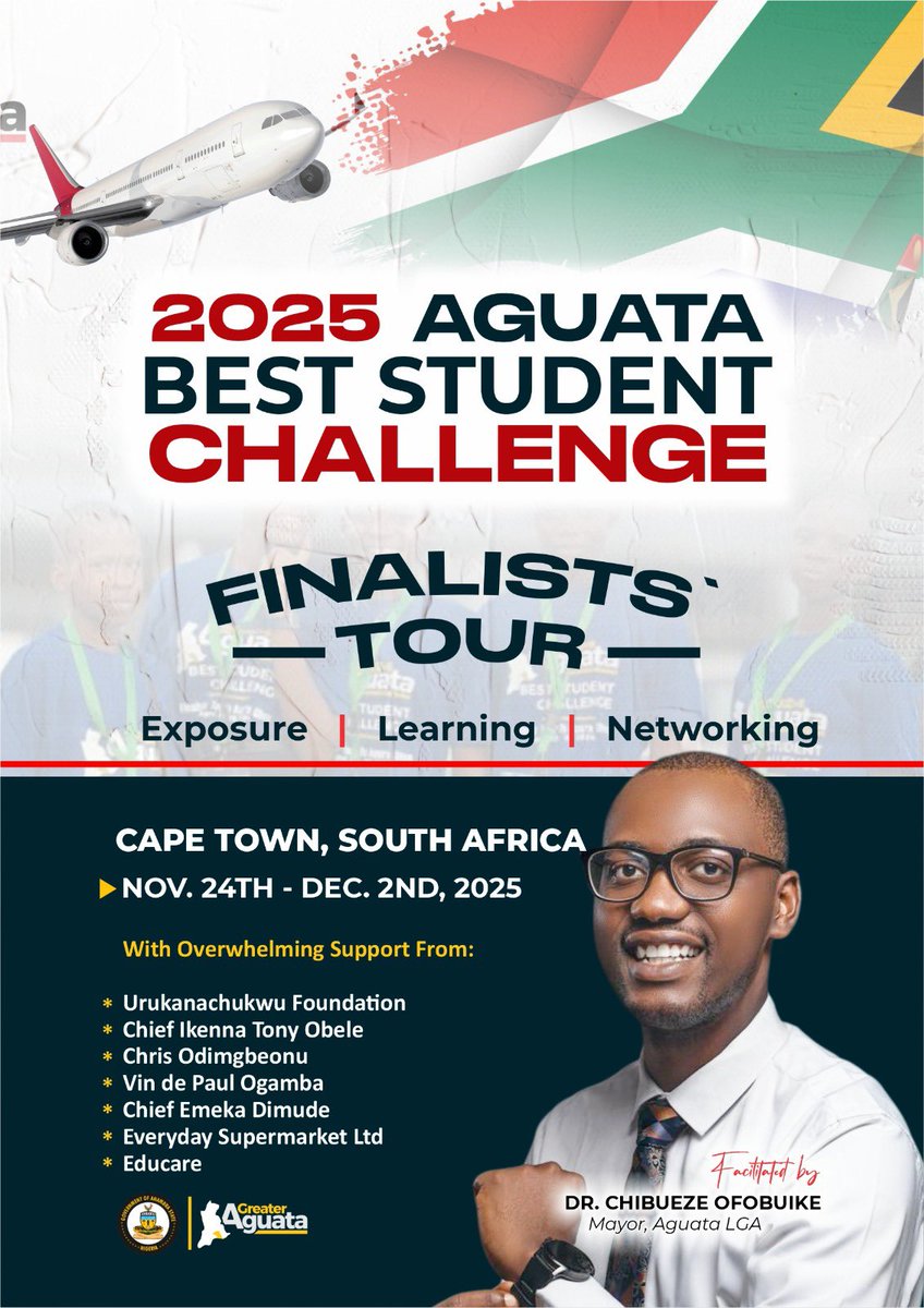 buezeofobuike's tweet image. I am super excited to share that the finalists of the 2025 Aguata Best Student Challenge will tomorrow, November 23, 2025, depart Nigeria to Cape Town, South Africa, for a one week transformative tour. 

The students emerged after excelling in the Stage I (General Knowledge) and…