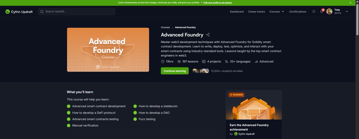 TobyTech6's tweet image. BIG NEWS: Officially starting Advanced Foundry! 🚀

Finished the Fundamentals, now moving to building full-scale protocols.

What&apos;s next?

DeFi, NFTs, DAOs
Upgradeable Contracts
Fuzz Testing &amp;amp; Security Deep Dives

TheTime to push for mastery. 💡

#Foundry  #Solidity #Web3Dev