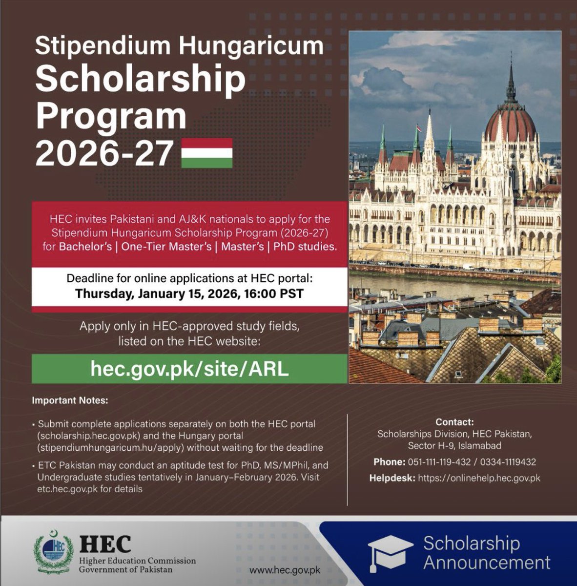 zeeshanusmani's tweet image. Applications Open for  Stipendium Hungaricum Scholarships 2026–27 🇭🇺

Pakistani and AJK students can apply for Bachelor’s, One-Tier Master’s, Master’s and PhD programs.

Apply at scholarship.hec.gov.pk + lnkd.in/dzeHJ3y6

Check eligible fields at hec.gov.pk/site/ARL…