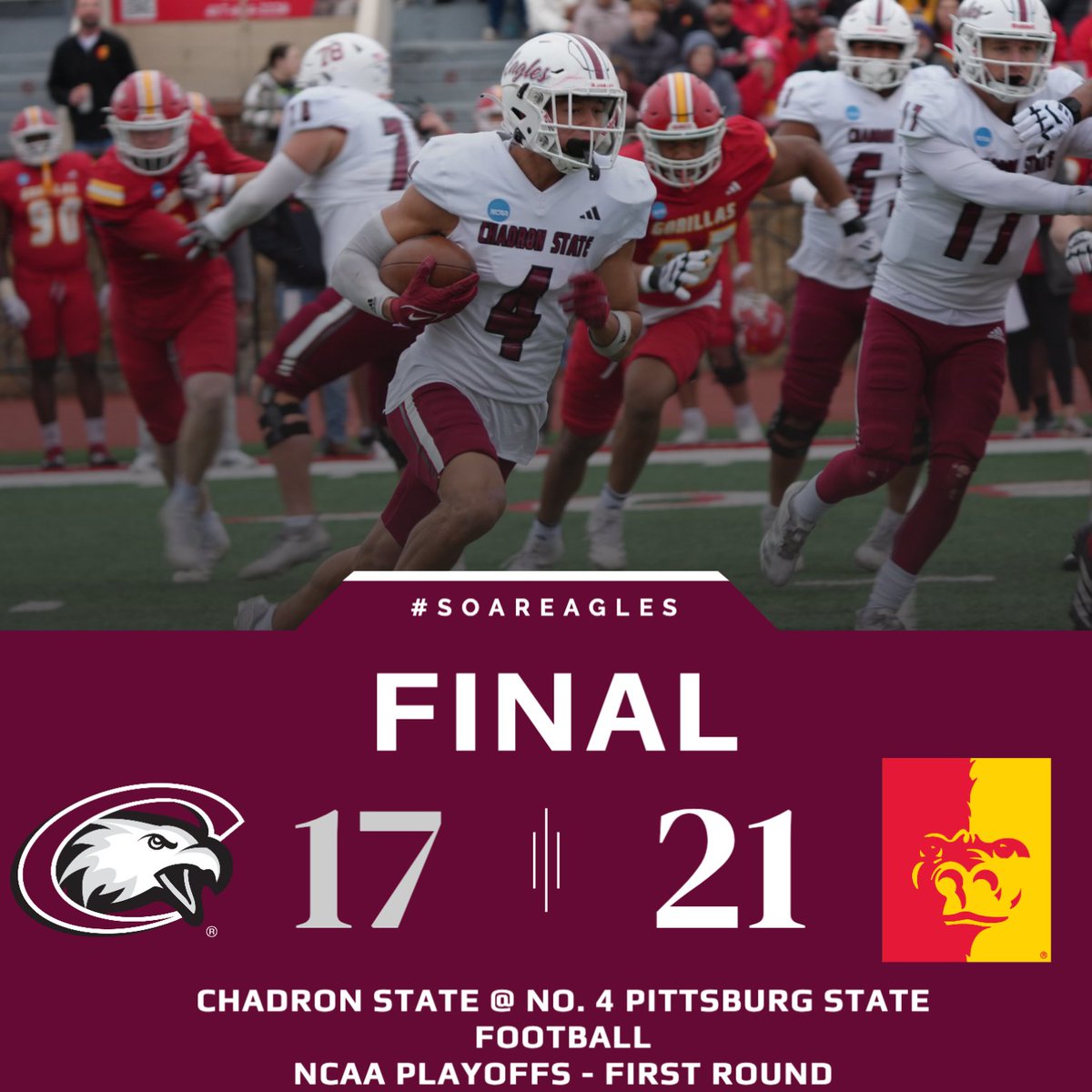 CSCFootball's tweet image. FINAL: No. 4 Pittsburg State 21, CSC 17.

The lead changes hands twice in the fourth quarter, but Chadron State&apos;s season ends in the first round of the NCAA playoffs.

DJ Ralph: 15-24, 233 yds
Tommy Thomas: 5 rec., 87 yds, TD
Cooper Walton: 15 tkl, sack
Dax Yeradi: 10 tkl