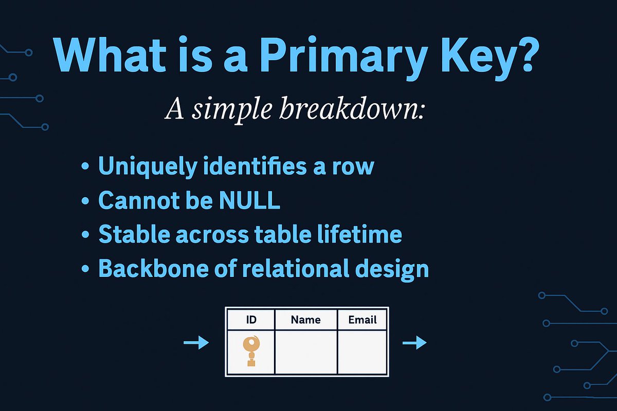 SQL_feed's tweet image. What is a Primary Key (PK)?

A simple rule: every table needs one.
It uniquely identifies each row and keeps your data structured, stable, and relational.

Master this concept → you instantly understand 50% of SQL design.

#SQL #DataEngineering #DataAnalytics